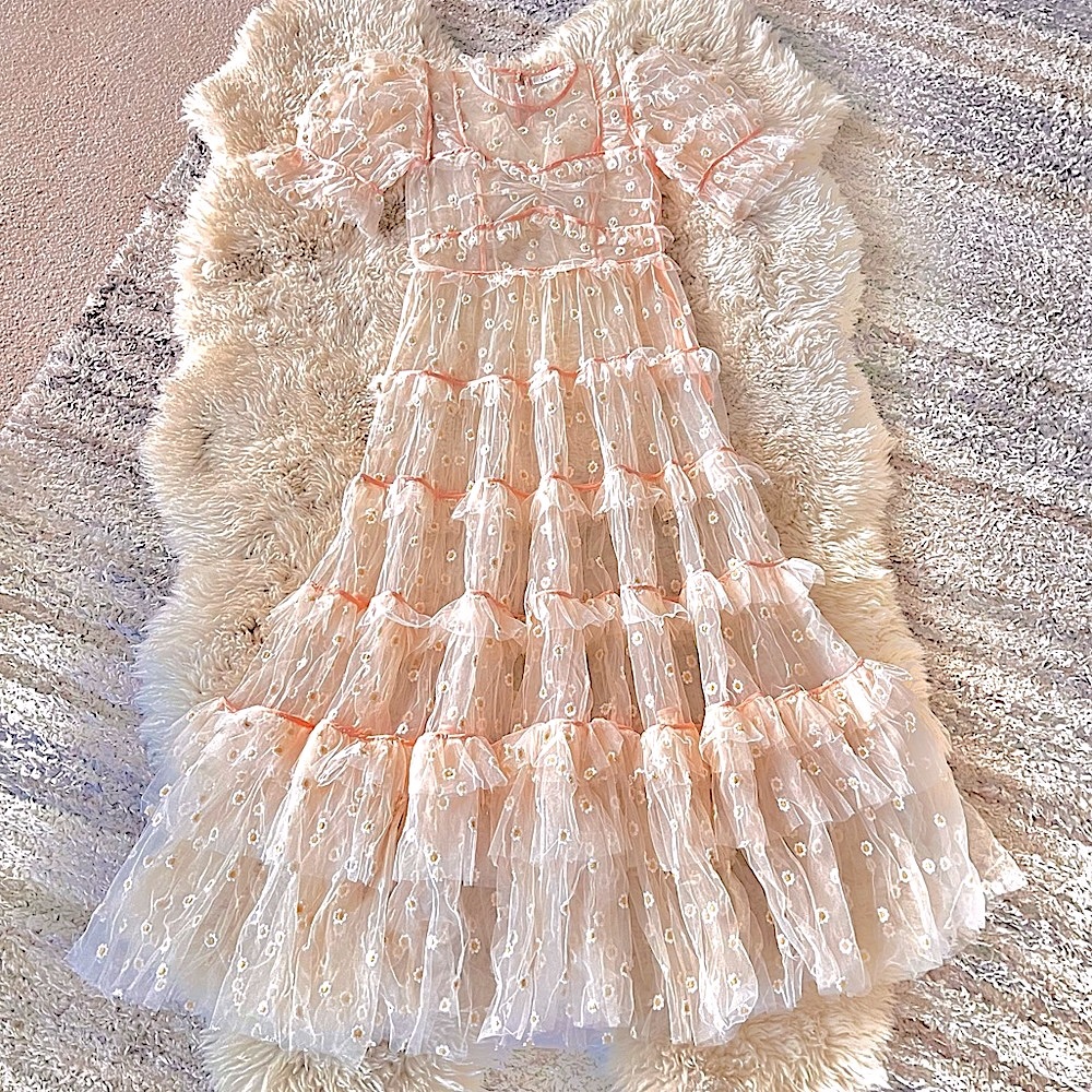 ✨Last Chance💋🌸🌼DÔEN ‘Orelia’ Daisy Embroidered Tiered Tulle Dress S✨ - Picture 2 of 15